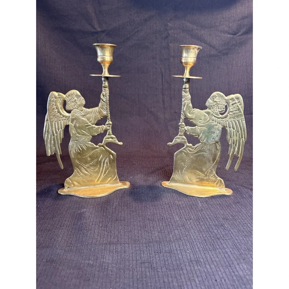 Vtg Pair Solid Brass Angel Taper Candle Stick Holders Double Sided 9